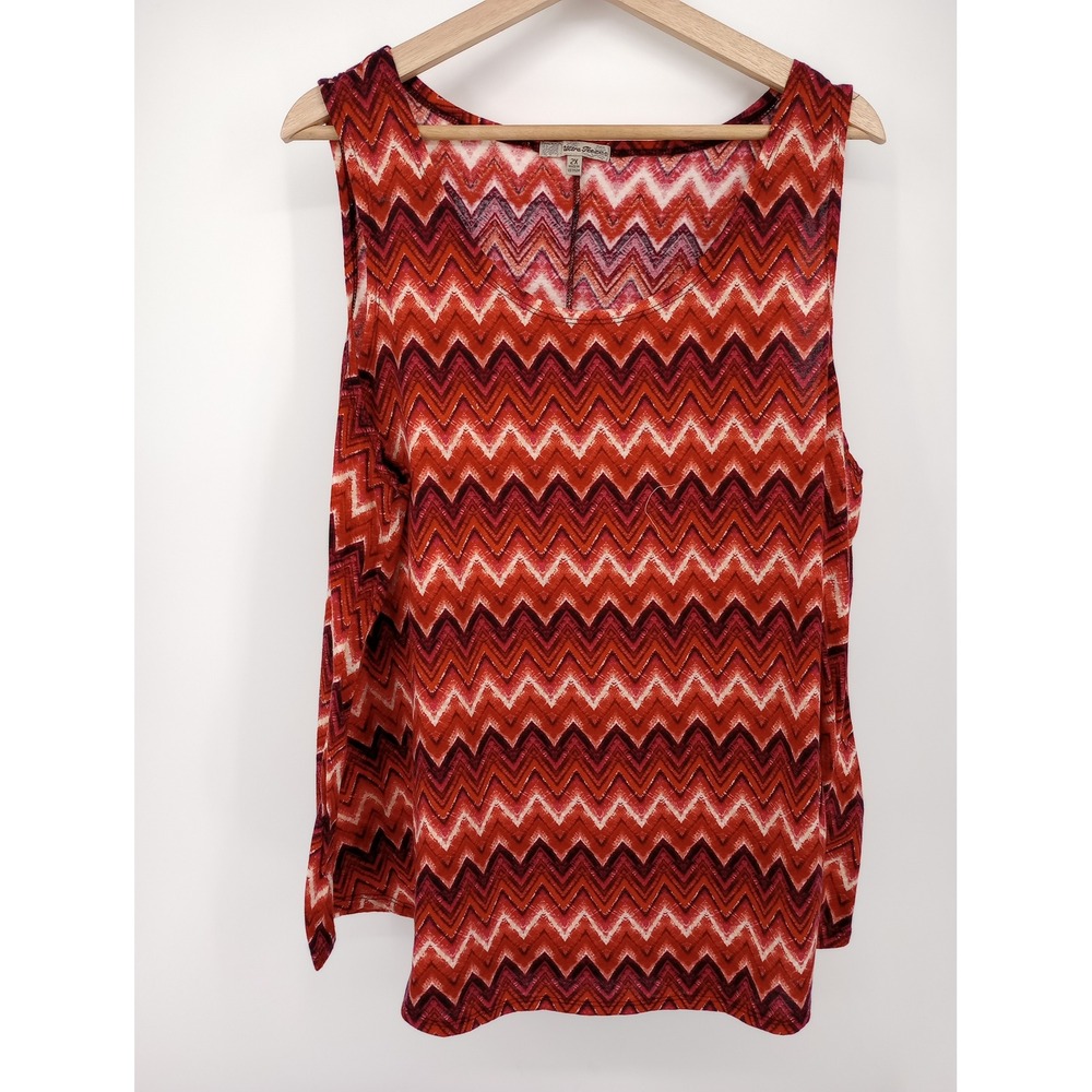 Ultra Teeze Tank Top Womens 2X Red Chevron Sleeveless Knit Scoop Neck